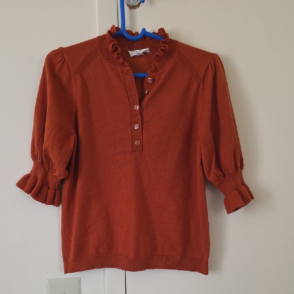 Rio & Rian Tops - Ruffle-Neck Henley Pullover Sweater in Rust
